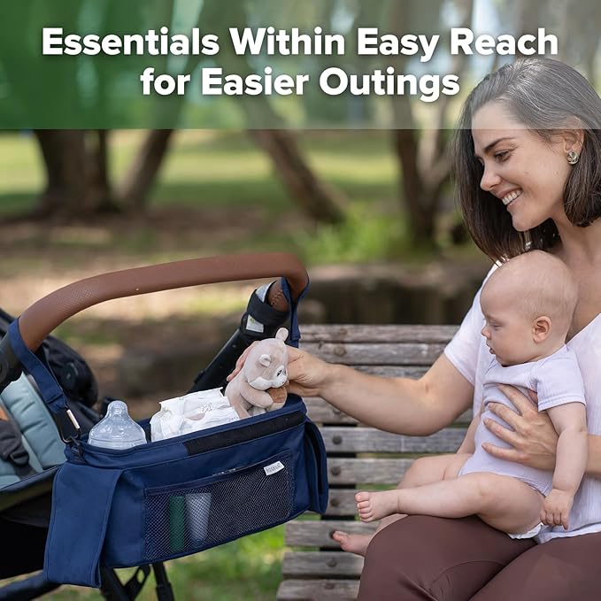 haakaa Universal Stroller Organizer - Bluestone, Single Cup Holder, Stroller Caddy Accessories with Shoulder Strap & Extra Non-Slip Stroller Hook, Fits Most Strollers