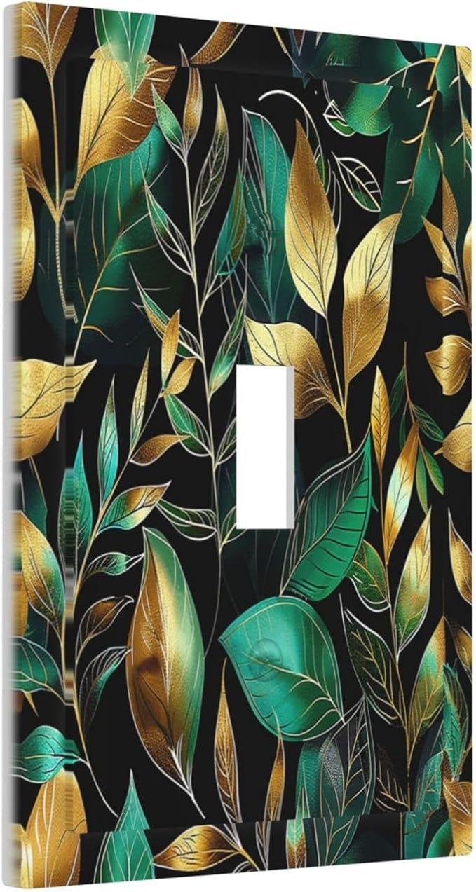 Decorative Light Switch Cover Vintage Dark Green Vine Leaf Golden Plants 1 Gang Single Toggle Device Electrical Faceplate Switchplates Decorator Outlet Wall Plate for Bed Room Cabin
