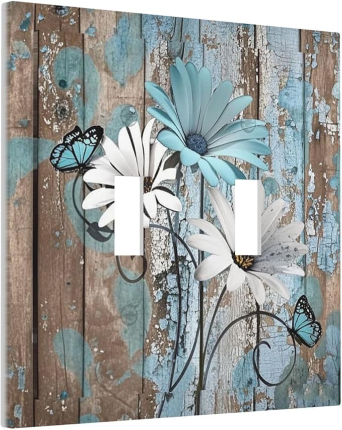 Decorative Switch Plates Rustic Flower Teal Turquoise Daisy Butterfly 2 Gang Double Toggle Outlet Light Switch Cover Wall Plate Electrical Faceplate For Farmhouse Cabin Decor