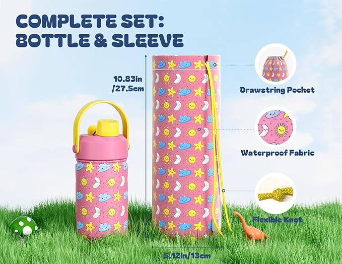 12 oz Kids Water Bottle for Girls: Leakproof, BPA-Free, Durable Straw Spout Lid, 24H Cold, Cute Patterns, Insulated Stainless Steel Cup with Carrier Bag for School, Trip, Camping, Daily (Sunny Dreams)
