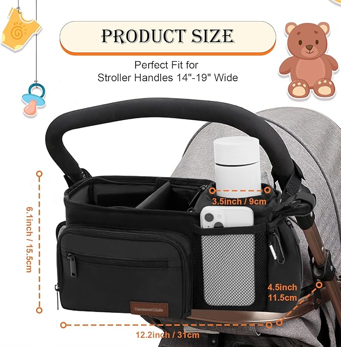 Stroller Organizer Bag with Insulated Cup Holder & Adjustable Dividers, Non-Slip Stroller Caddy with Multiple Pockets, Fits 14"-19" Handles, Water-Resistant, Black