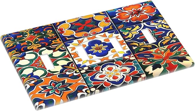 Light Switch Covers Colorful Mexican Talavera Vintage Boho Floral Quad Toggle Electrical Faceplate 4 Gang Wall Plate Decorative Switch Plates For Farmhouse Cabin Decor