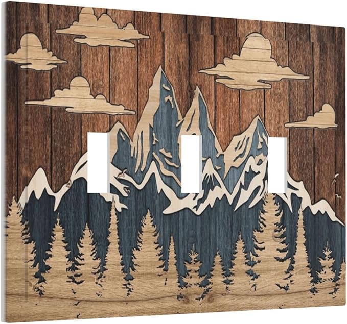 Blue Mountain Range Forest Nature Wilderness Wood Texture Decorative Switch Plates 3 Gang Wall Plate Triple Toggle Light Switch Cover Faceplate Electrical Wall Panels for Farmhouse Home Decor