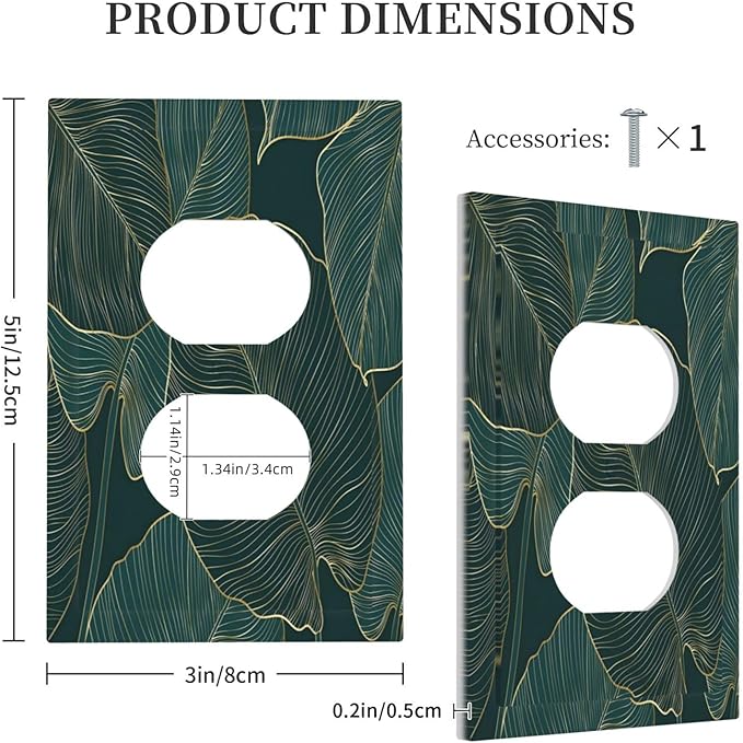 Gold Tropical Green Botanical Palm Leaves Outlet Covers 1 Gang Duplex Light Switch Cover Decorative Switch Plates Electrical Receptacle Faceplate Wall Plate for Bedroom Living Room Decor