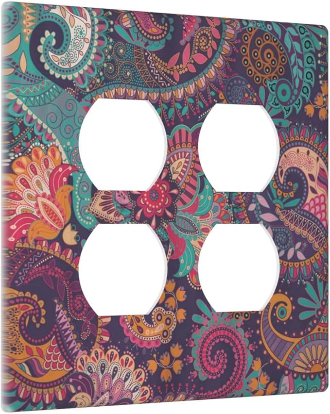 Mandala Boho Paisley Purple Floral Colorful Flower Outlet Covers 2 Gang Double Duplex Decorative Light Switch Covers Electrical Wallplates Socket Faceplate for Home Bedroom Decor