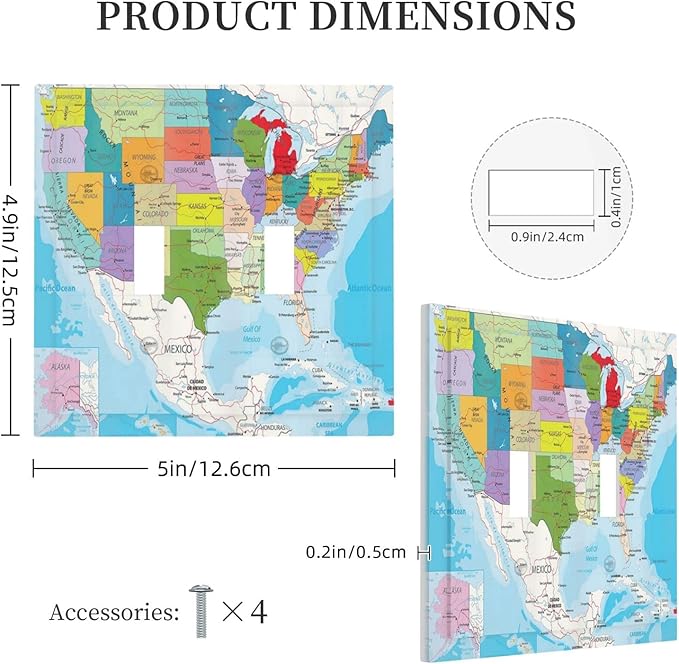 USA Map 2 Gang Double Toggle Light Switch Cover Decorative Wall Plate Faceplate for Kids Boys Girls Bathroom Office and School Home Living Room Decor 5" x 4.9