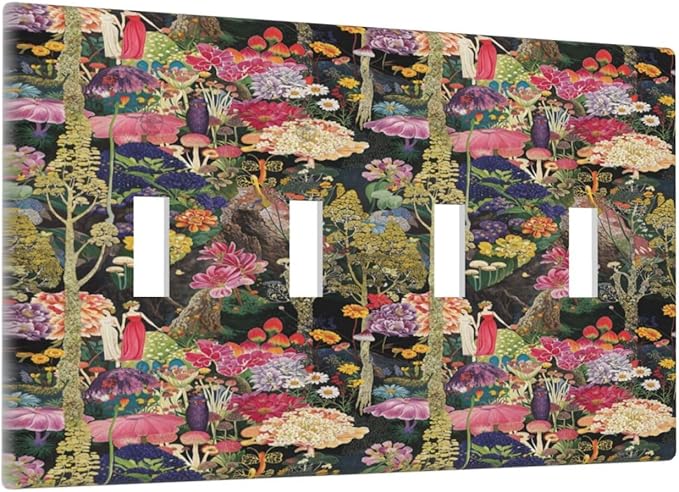 Dreamy Tropical Rainforest Colorful Mushroom Wildflower Light Switch Covers Quad Toggle Electrical Faceplate 4 Gang Wall Plate Decorative Switch Plates Cover for Farmhouse Kids Room Decor