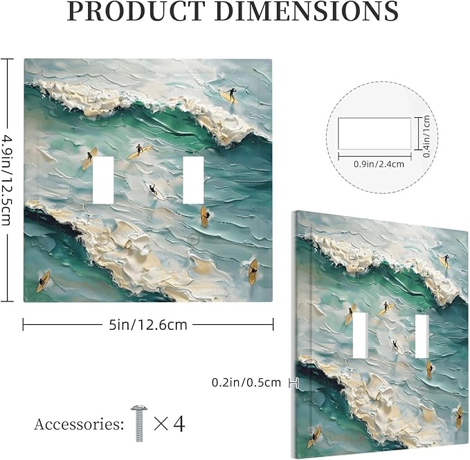 Beach Waves Ocean Surfing Hoverboard Painting Print Decorative Switch Plates 2 Gang Double Toggle Outlet Light Switch Cover Wall Plate Electrical Faceplate for Bedroom Living Room Decor
