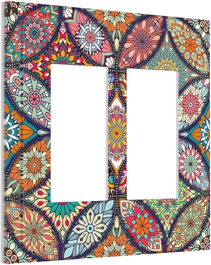 Boho Floral Pretty Colorful Mandala Flowers Decorative Outlet Covers 2 Gang Double GFCI Rocker Electrical Wall Panels Light Switch Cover Plate for Bedroom Living Room Decor