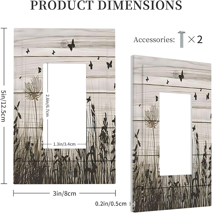 Wildflower Butterfly Grass Dandelion Vintage Wooden Print Decorative Outlet Covers 1 Gang Single Rocker Light Switch Cover Plate Wall Plates GFCI Faceplate for Farmhouse Home Decor