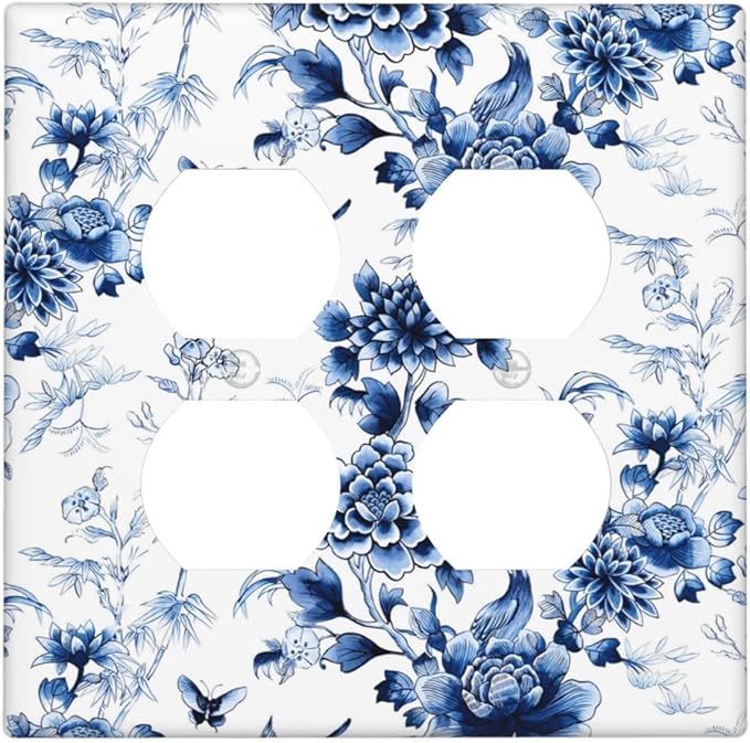Blue Flower White Floral Plant Bird Butterfly Outlet Covers 2 Gang Double Duplex Decorative Light Switch Covers Electrical Wallplates Socket Faceplate for Bedroom Living Room Decor