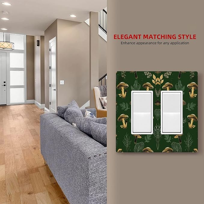 Decorative Outlet Covers Cute Gold Mushtroom Green Plant Leaf 2 Gang Light Switch Cover Plate Double Rocker Wall Plates for Electrical Outlets Switch Plate Covers for Bedroom Home Decor