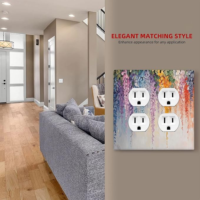 Colorful Wildflower Wisteria Cascade Floral Flower Outlet Covers 2 Gang Double Duplex Decorative Light Switch Covers Electrical Wallplates Socket Faceplate for Bedroom Living Room Decor