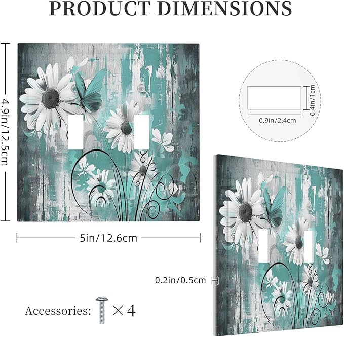Decorative Switch Plates Teal Daisy Floral Vintage Wood Plank 2 Gang Double Toggle Outlet Light Switch Cover Wall Plate Electrical Faceplate For Farmhouse Cabin Decor