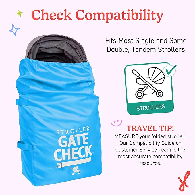 J.L. Childress Gate Check Bag for Single & Some Double Strollers - Travel Bag for Airplane, Fits Most Standard Baby Strollers, Airport Accessories Gate Check, Flying Essentials - Neon Blue