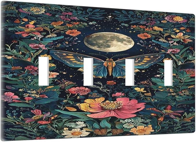 Light Switch Cover Plate Bohemian Moon Butterfly Floral 4 Gang Quad Toggle Wall Plate Electrical Outlet Cover Decorative Switch Plate Covers for Bedroom Cabin Decor