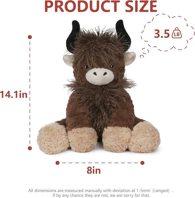 Niuniu Daddy 14" | 3.5 Pound Weighted Highland Cow Plush, Big Highland Cow Stuffed Animal for Kids Adults, Giant Weighted Sitting Plush Toy, Large Body Pillow for Birthday Christmas Holiday Presents