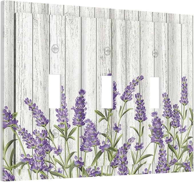 Rustic Wooden Plank Lavender 3 Gang Light Switch Cover Triple Toggle Wall Plates Decorator Receptacle Outlet Covers Electrical Switchplate Faceplate for Bedroom Bathroom Kitchen Decor