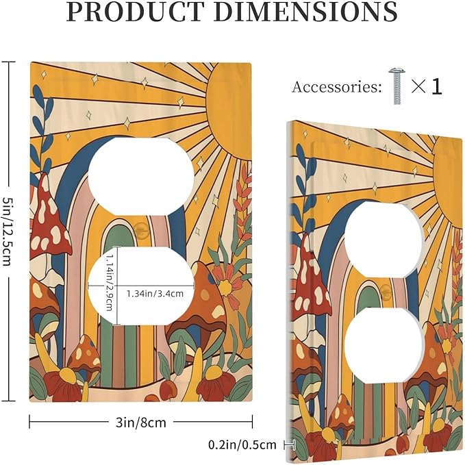 Outlet Covers Mushroom Hippie Sun Rainbow Vintage Floral Funky Boho 1 Gang Duplex Electrical Receptacle Faceplate Light Switch Cover Wall Plate Decorative Switch Plates for Bedroom