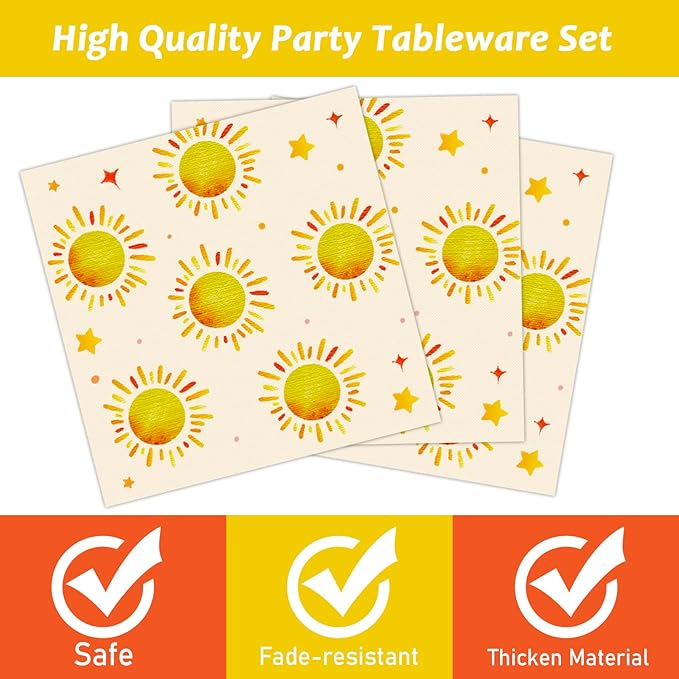96 Pieces First Trip Around The Sun Decorations Sunshine Birthday Party Plates Boho Sun Disposable Plates Napkins Folks Paper Tableware Set for 1st Trip Around The Sun Birthday Girls Boys Supplies
