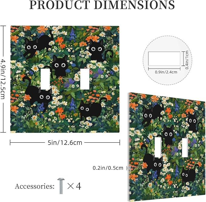 Green Funny Boho Cute Black Pets Cats Paw Double Toggle Wall Plate Cartoon Spring Garden Nursery Kid Girl Boy Kittens Decorative 2-Gang Light Switch Cover Electrical Receptacle Outlet Face Plate Cover