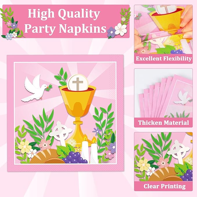 100 Pcs First Communion Plates and Napkins Baptism Decorations for Girl 1st Holy Communion Party Pink Disposable Paper Tableware for God Bless Christening Celebration Decor Baby Shower Serves 25