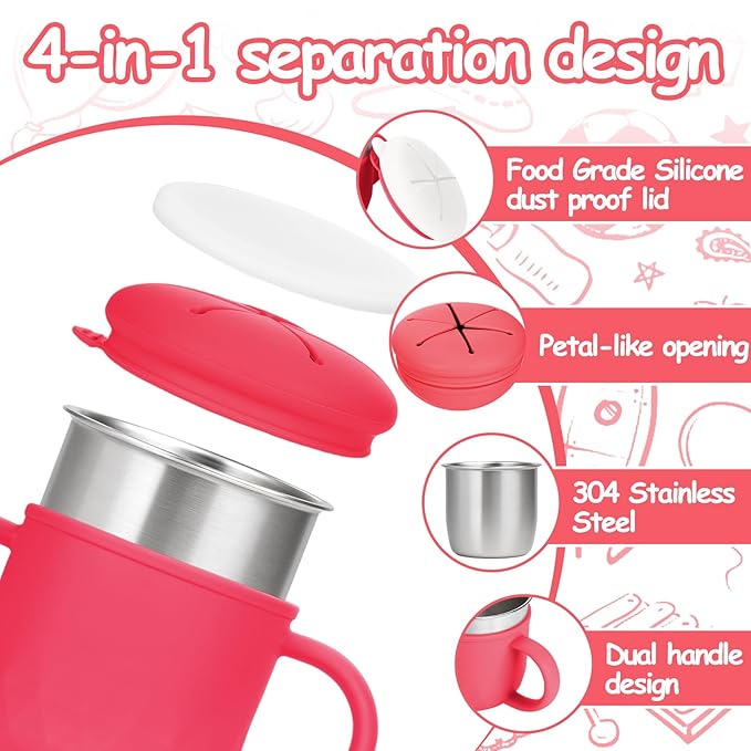Toddler Snack Containers Stainless Steel Spill-Proof Snack Containers for Toddlers with Spill-Proof Silicone Lids and Handles 4-in-1 Baby Snack Cup is Dishwasher Safe for Easy use On The Go（Red）