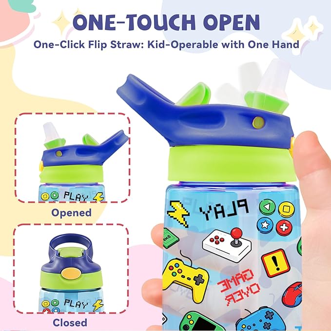 14oz Gamer Kids Water Bottle with Straw Lid - Cool Games Water Bottles for Kids, Leakproof, Lightweight, Durable Plastic Bottles for School, Pop-Up Straw Cover, Gift Cup for Girls Boys(Gamer)