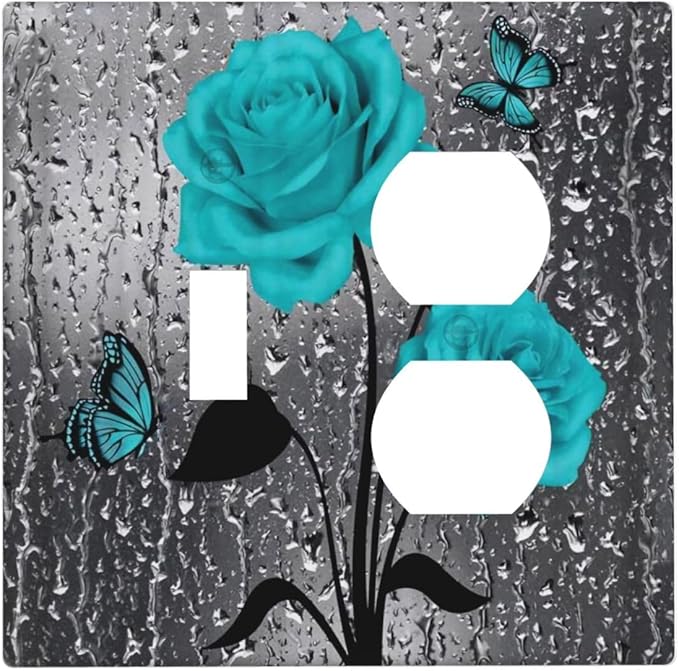 2-Gang 1-Toggle 1-Duplex Combination Wall Plate Women Elegant Butterfly Teal Blue Gray Rose Flower Water Raindrop Floral Two Combo Double Device Toggle/Outlet Receptacle Light Switch Face Plate Cover