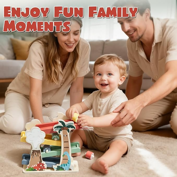 Lehoo Castle Wooden Car Ramp Toys for 1 Year Old Boy Birthday Gifts, Dinosaur Montessori Toys for 1 2 Year Old, Wooden Race Track with 4 Rollers Toddler Toys for 2 Year Old Boy