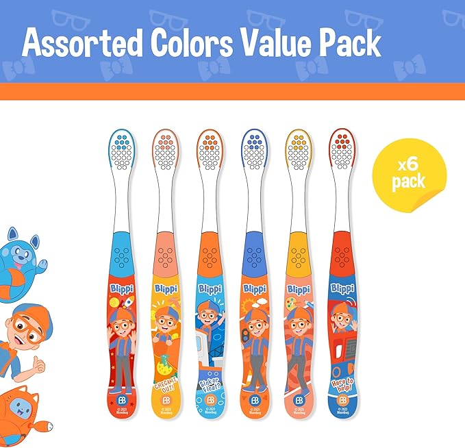 Brush Buddies Blippi Kids Toothbrush Set of 6 Pack Soft Bristle Toothbrushes for Toddlers Ages 2+, Extra Gentle Bristles, Small Head, Easy Grip Handle, Fun Blippi Characters, Kids Oral Care