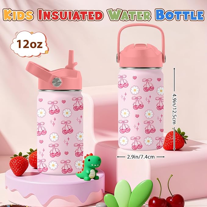 Cherry Gifts for Girls - 12oz Pink Water Bottle with Straw Lid, Stainless Steel Insulated Tumbler, Leakproof, BPA-Free, for Women, Travel - Cherry Lovers Birthday Gift Cup (1pc)