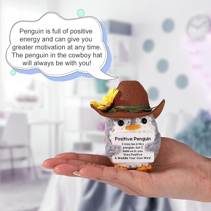 TOYMIS Sunflower Crochet with Cowboy Hat Emotional Doll Support Crocheted Knitted Animal for Inspirational Motivational Gift Home Office Decor White Elephant Exchange