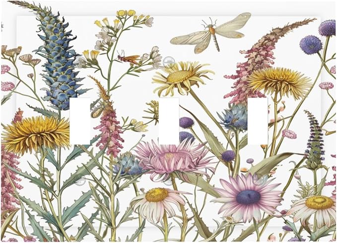Light Switch Cover Plate Botanical Wildflowers Dragonfly Colorful Floral 3 Gang Triple Toggle Decorative Switch Plates Wall Plates Electrical Switchplate Faceplate for Bathroom Bedroom Decor