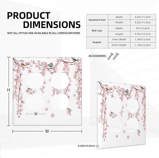 Pink Cherry Blossom Flower Vine Floral Tree Branch Birds Outlet Covers 2 Gang Double Duplex Decorative Light Switch Covers Electrical Wallplates Socket Faceplate for Bedroom Living Room Decor