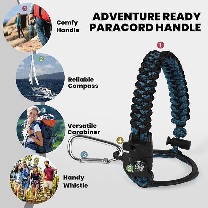 RAYMYLO Insulated Water Bottle 32 oz, Triple Wall Vacuum Stainless Steel (Cold for 24Hrs, Hot for 12Hrs), Leak Proof & Non-BPA, Modern Water Flask Jug with Paracord Handle & Straw Spout Lids
