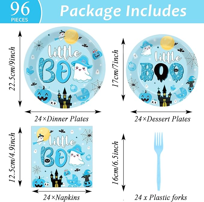96PCS Halloween Little Boo Baby Shower Plates and Napkins for Boo baby shower Decorations Disposable Blue and Black Dinnerware Plates Napkins Forks for Halloween Party Favors