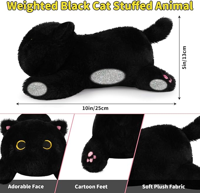 Weighted Black Cat Plush,Cute Weighted Stuffed Animals for Kids,Realistic & Soft Huggable Black Cat Weighted Plushie Pillow Toy Gifts for Girls Boys