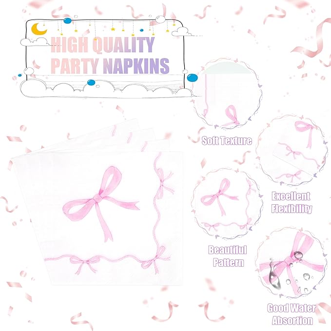 CANREVEL 96 PCS Bow Party Plates Serve 24, Bow Plates and Napkins Forks Set, Disposable Tableware for Birthday Supplies Party Decorations for Grils Kids Women