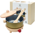 PlanToys® Wooden Cookery Set with Stove, Pot and Ladle | Montessori Pretend Play Toy for Imaginative Cooking, Social Interaction and Coordination | Eco Friendly Kitchen Toy