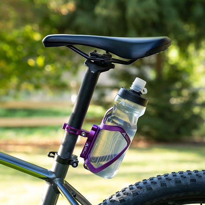 Bike Water Bottle Holder Combo - 20 Oz Squeeze Bottle & Bicycle Mount Cage Rack, No Screws Needed, Durable Alloy - Fits All Handlebar Bikes & MTB Mountain Road - for Adults, Kids (Purple)