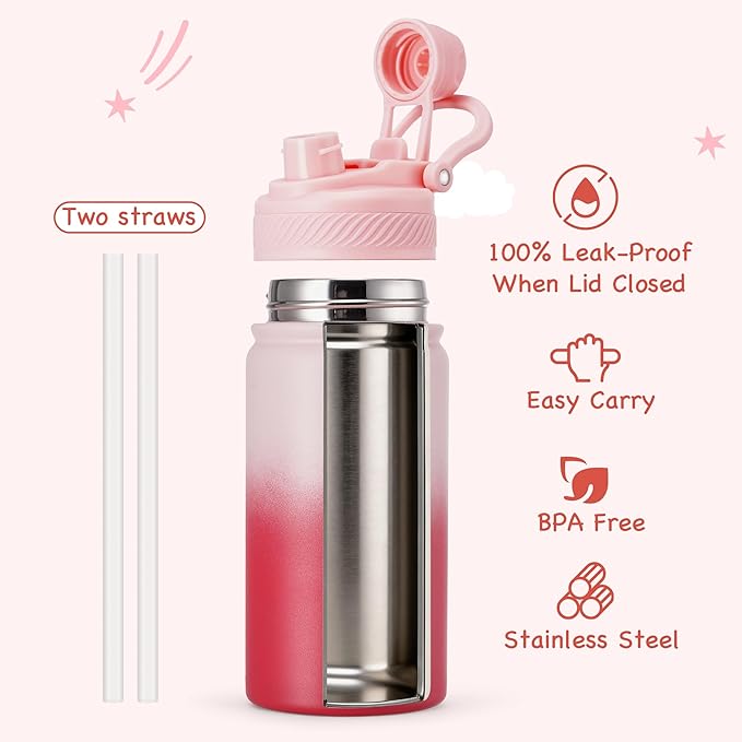12 oz Kids Water Bottle, 2-in-1 Stainless Steel Vacuum Insulated Water Bottle for Toddler, Leak Proof Spout & Straw, Double Wall Thermal Flask for Boys&Girls, School, Outdoor, Travel (Gradient Red)