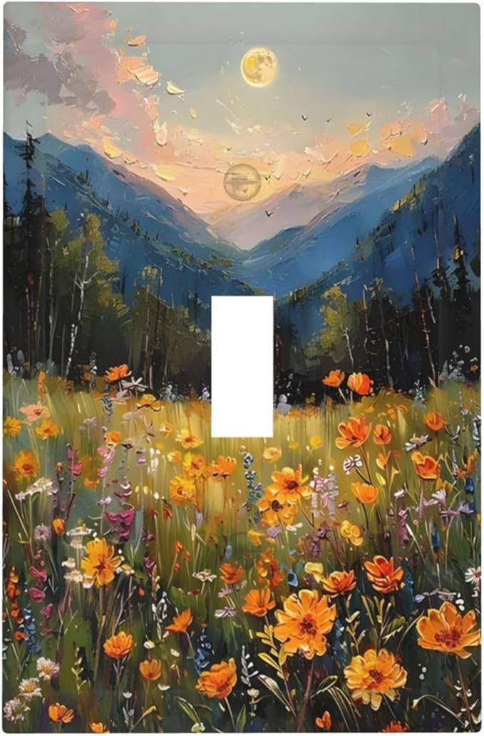 Sunset Wild Flower Field Floral Nature Landscape Decorative Light Switch Cover 1 Gang Single Toggle Device Electrical Faceplate Switchplates Decorator Outlet Wall Plate for Farmhouse Bedroom Decor