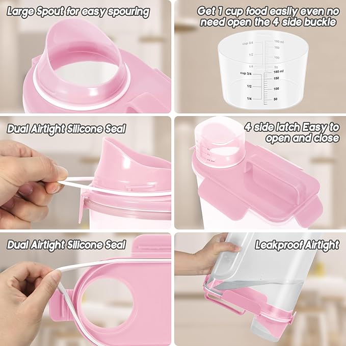 LEAWALK 5-7Lbs Dog Cat Food Storage Container with Upgraded Large Nozzle BPA-free, 4 Snap Seals Plastic Pet Food Storage Containers with Handles (Light Pink, 5L-2pack)
