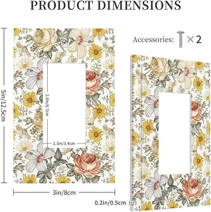 Multicolor Peony Daisy Vintage Floral Flower Decorative Outlet Covers 1 Gang Single Rocker Light Switch Cover Plate Wall Plates GFCI Faceplate for Bedroom Living Room Decor