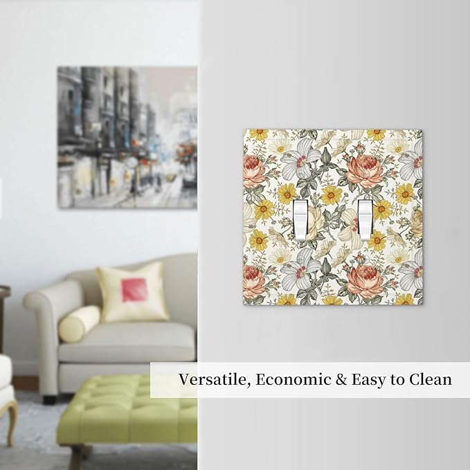 Multicolor Peony Daisy Vintage Floral Flower Decorative Switch Plates 2 Gang Double Toggle Outlet Light Switch Cover Wall Plate Electrical Faceplate for Bedroom Living Room Decor