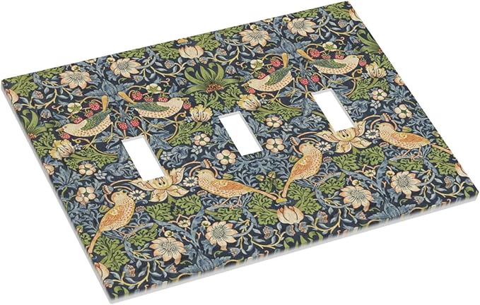 Decorative Switch Plates Morris Strawberry Thrush Birds Colorful Plants 3 Gang Wall Plate Triple Toggle Light Switch Cover Faceplate Electrical Wall Panels For Bed Room Living Room Decor