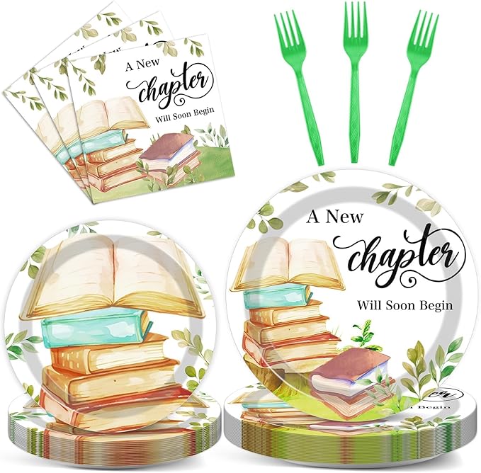 96Pcs Storybook Party Plates and Napkins for Book A New Chapter Will Soon Begin Themed Paper Dessert Plates School Library Reading Tableware Set for Baby Shower 24 Guests Birthday Party Decorations