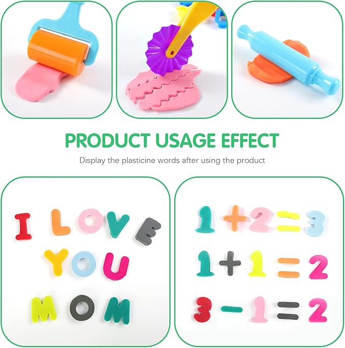 Dough Tools 47 PCS Dough Play Tools Set for Kids, Plastic Alphabet Numbers Cutters, Rollers, Rolling Pins