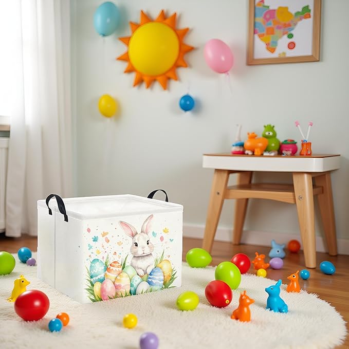 HIYAGON Rectangular Easter Basket for Kids and Girls Cute Toy Storage Organizer Bin Box Easter Egg Room Decor(Watercolor Easter)